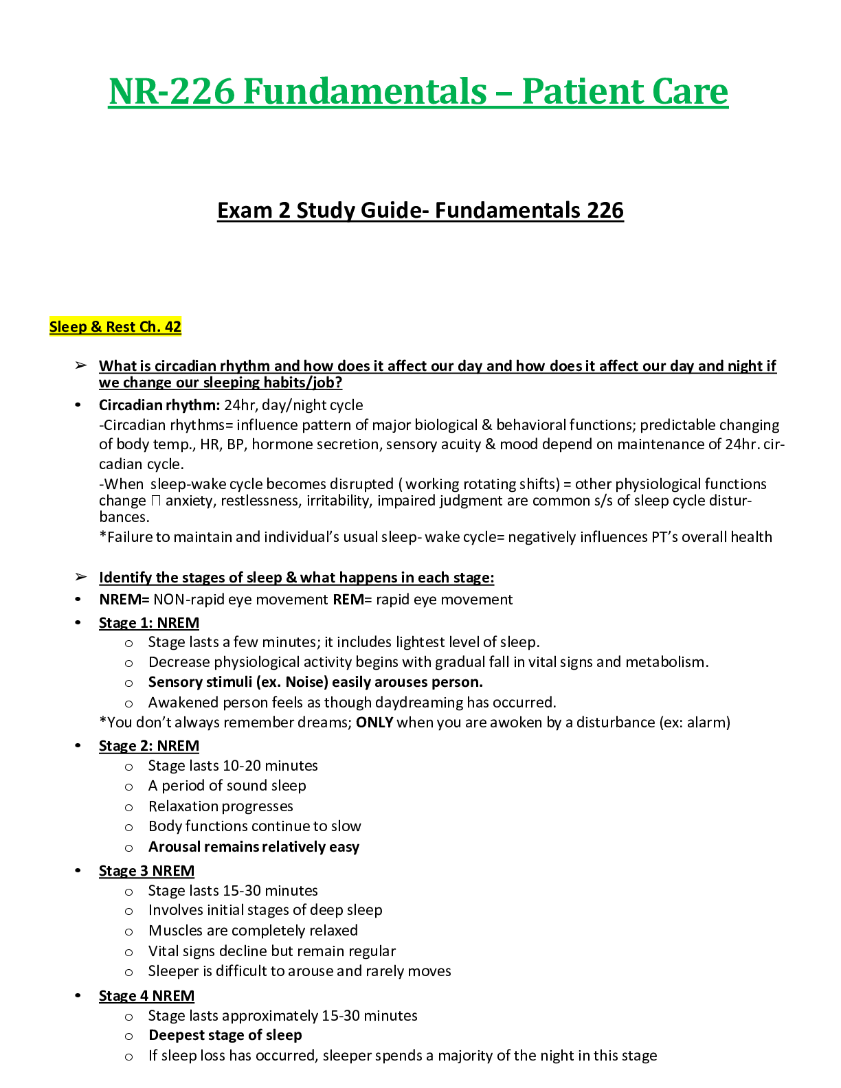 Preview of NR226 / NR-226 Exam 2 Study Guide  : Fundamentals [Patient Care] - Chamberlain